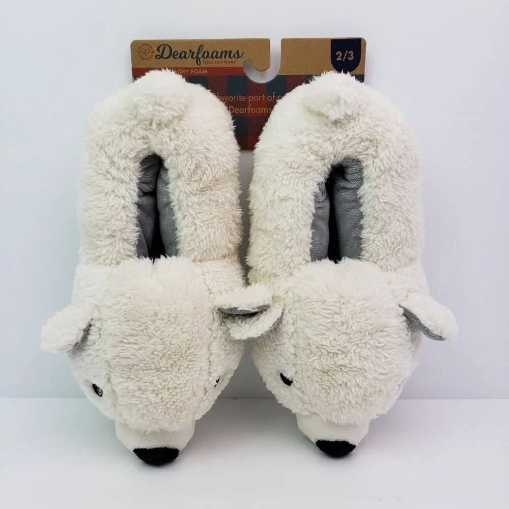 NEW Dearfoams Rowan Polar Bear Critter Kids Size 2/3 White Closed Back Slippers